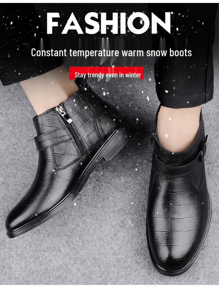 Men's Slip-On High-Top Cowhide Ankle Boots - Plus Size, Velvet-Lined, Warm Casual Leather Boots for Autumn/Winter.