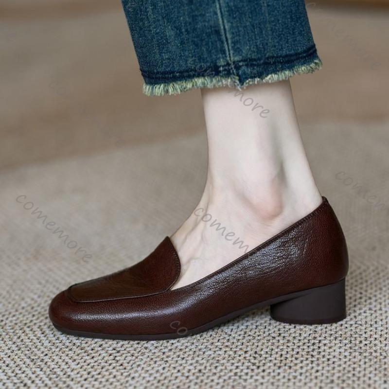 Fashion Comemore Soft Leather Loafers Shoes Retro Low Heel Shallow Mouth Pumps for Women Solid Color Slip On Spring Autumn Women Shoes