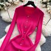 French Retro Turn-down Collar Long Sleeved Metal Buckle Dress for Women's Autumn Slimming Waist Knit Long Dresses