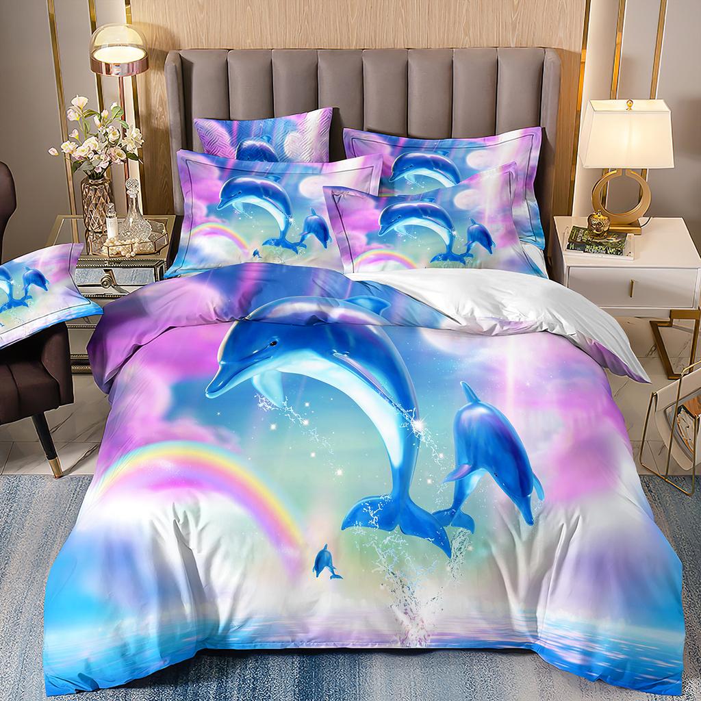 3D-gedruckte Heimtextilien Bettwäsche Delfin Meeresschildkröte Meerestier Quilt-Set Dreiteiliges Set