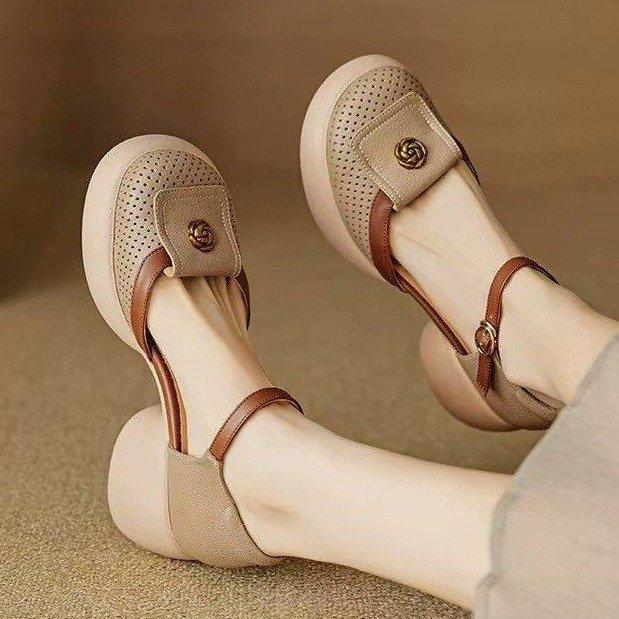 Thick-soled hollowed-out bag head sandals women's muffin breathable Roman shoes 2025 summer new skirt one-button high heels