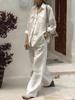Fashion Solid Cotton Linen Shirt Set for Women Long Sleeve Blouse Top Pockets Pants Suit Female Casual Outfits