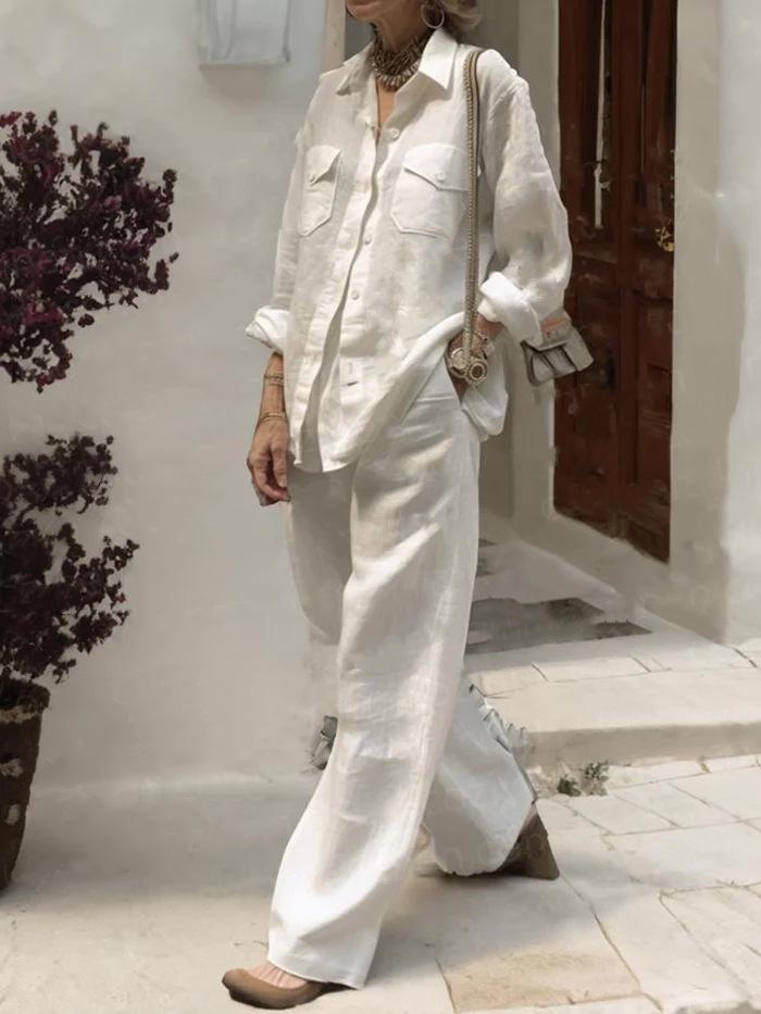 Fashion Solid Cotton Linen Shirt Set for Women Long Sleeve Blouse Top Pockets Pants Suit Female Casual Outfits