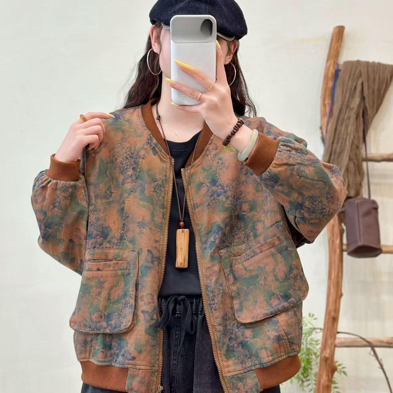 

DIMANAF 2025 Куртка-короткое пальто женская лен с длинным рукавом карманы модный ретро-принт топы футболки свободные футболки новый One Size