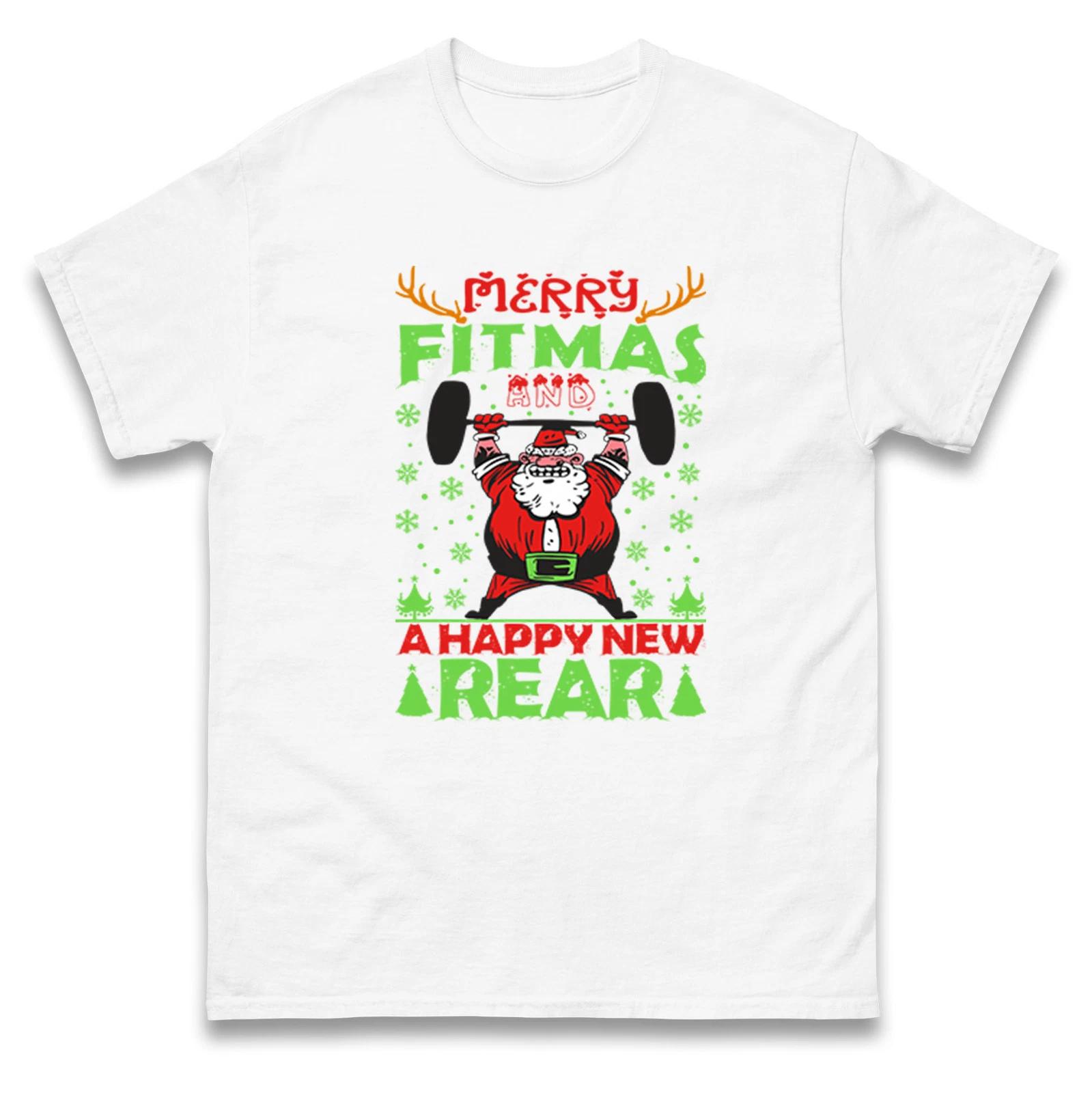 Merry Fitmas and Happy New Rear Santa Christmas T Shirt,Offensive Christmas Tee 3XL