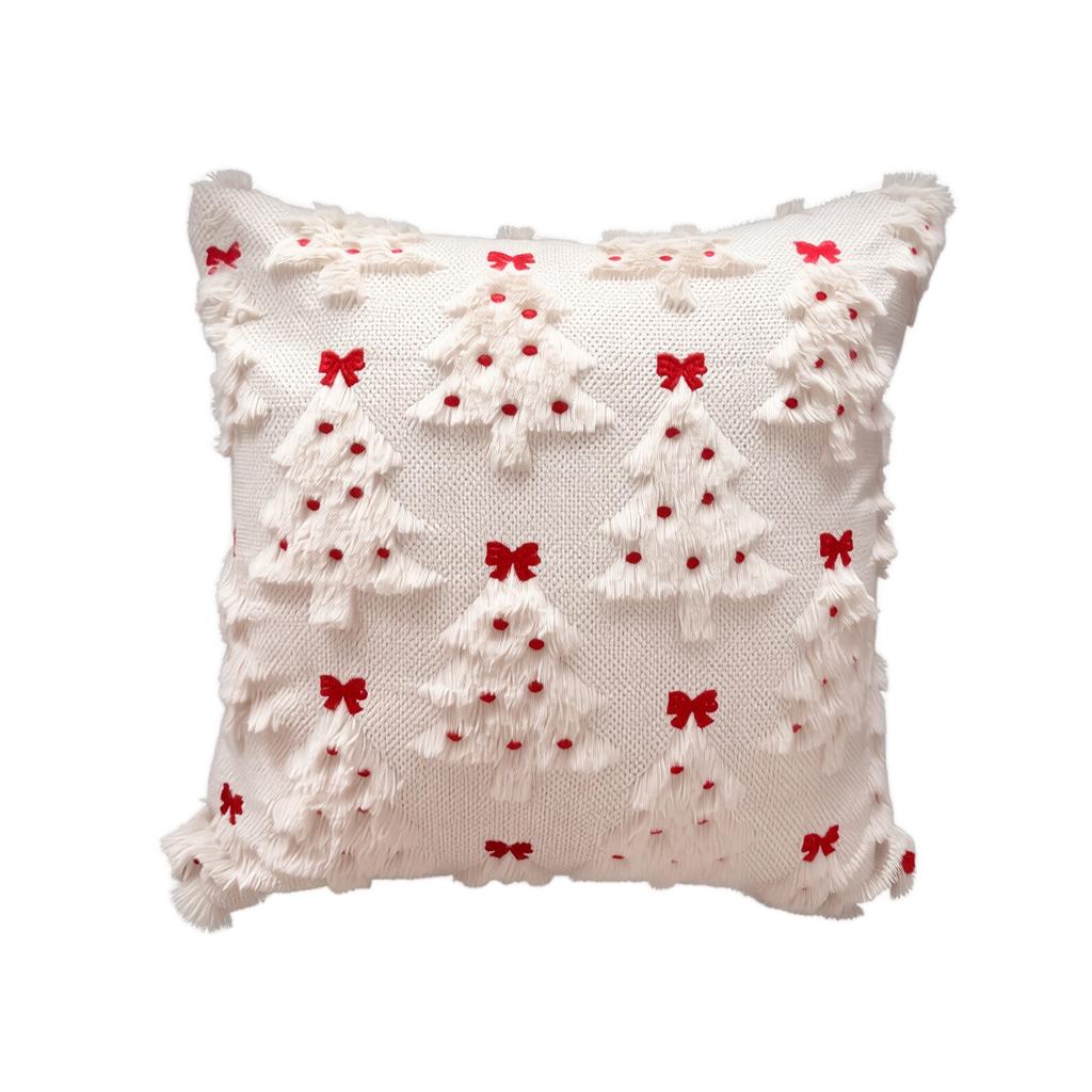 Christmas Embroidered Throw Pillow Cover 45x45cm Decorative Cushion Case with Textured Tree and Bow Patterns for Holiday Home Decor