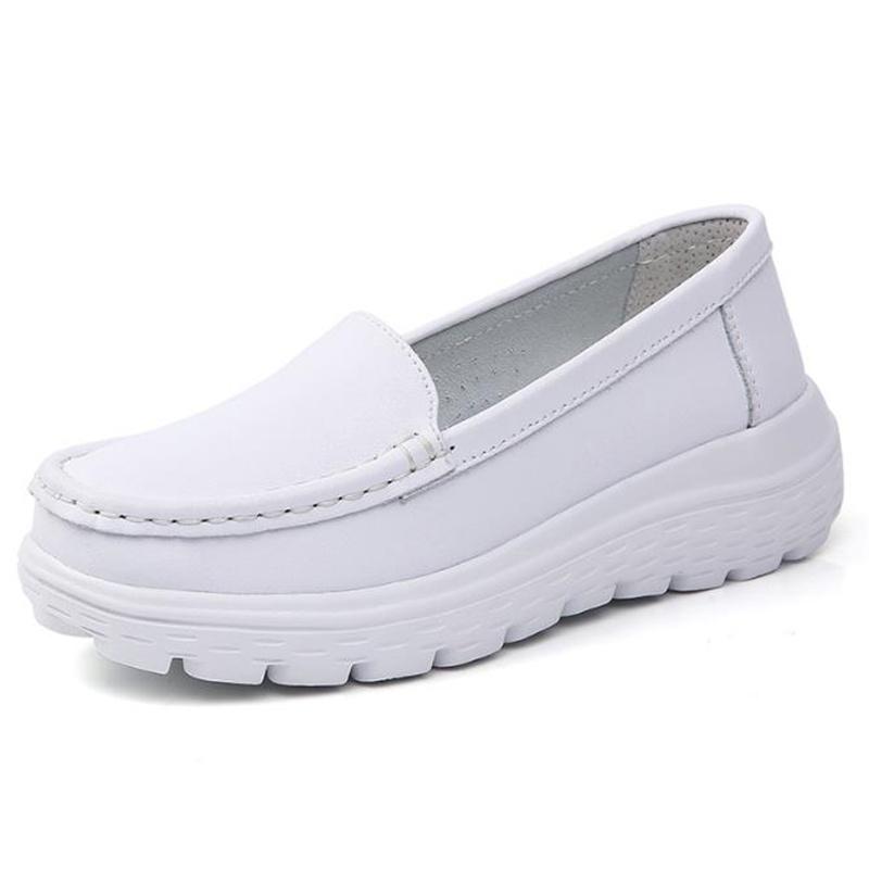 Fashion Women Genuine Leather Flat Nurse Shoes Casual White Wedge Fashion Slip on Non-slip Loafers Women Comfort Hollow Out Work Shoes