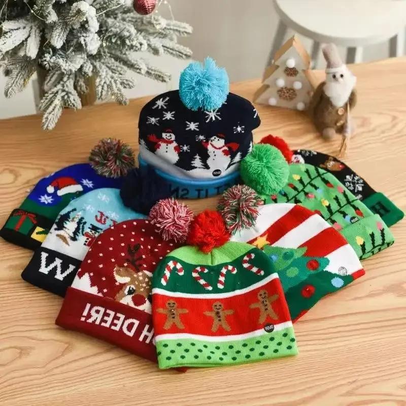 LED Light Christmas Hat Xmas Knitted Hats Warm Winter Cap New Year Featival Party Decoration Christmas Gift for Kids Adults