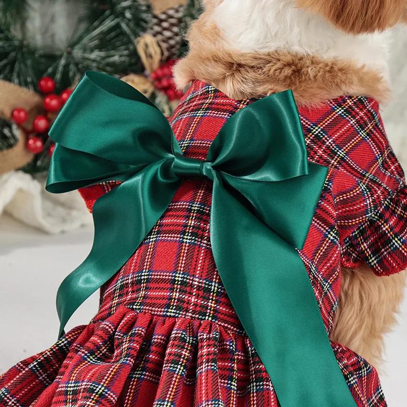 New Pet Clothing Christmas Classic Plaid Skirt Puppy Holiday Costume Peplum Sleeve Dog Clothing Cross-border