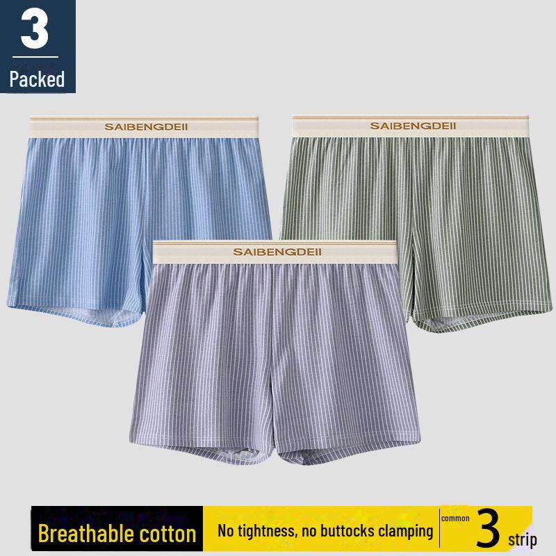 "Men's Loose-Fit Striped Cotton Boxer Shorts - Breathable, Large Size"