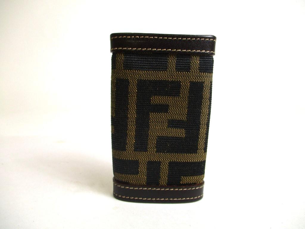 Authentic FENDI Zucca Khaki Canvas Dark Brown Leather 6pics Key Chain #a455  Refurbished