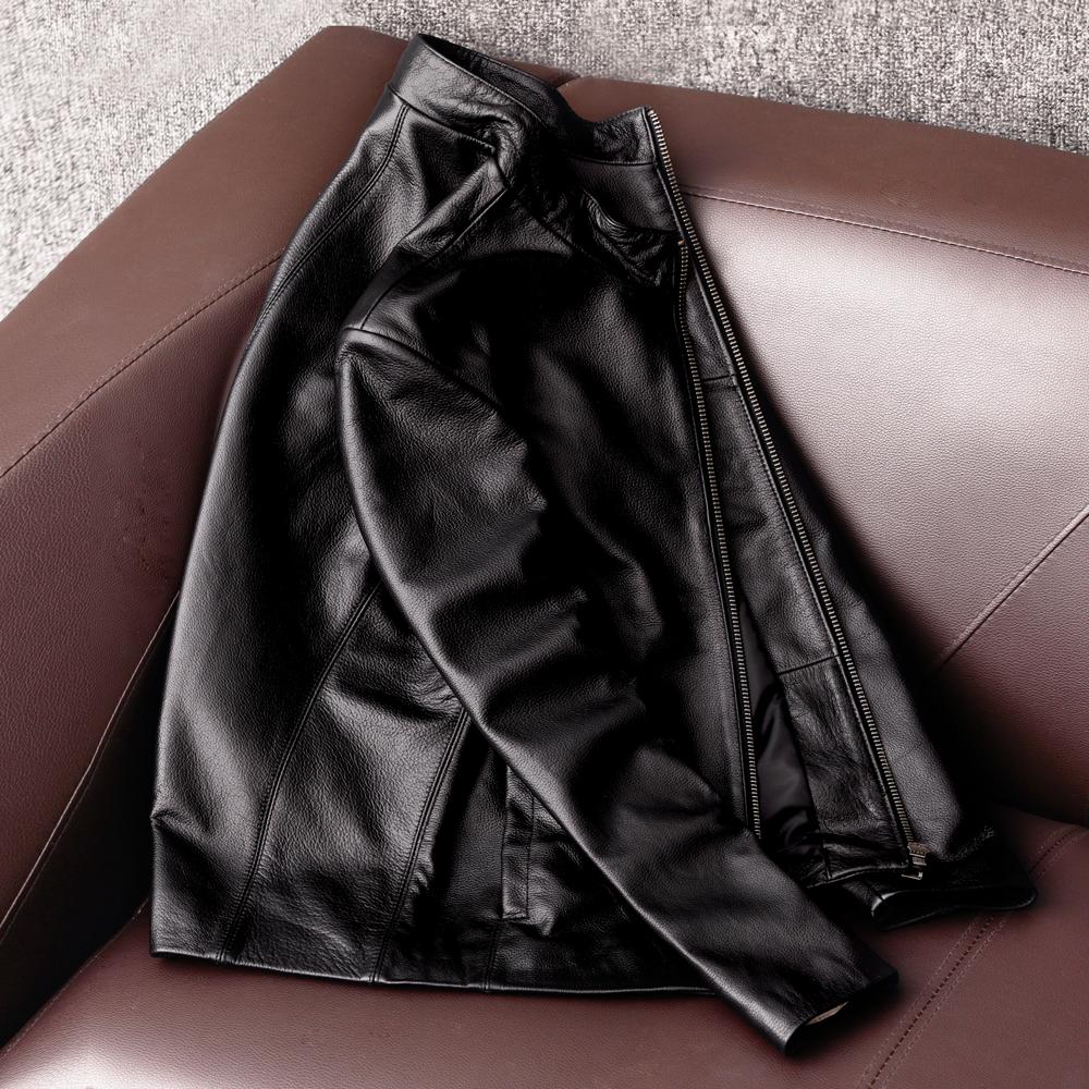 Genuine Leather Jacket Men Short Slim Fit Stand Collar Real Cowhide Biker Coat Casual Outerwear