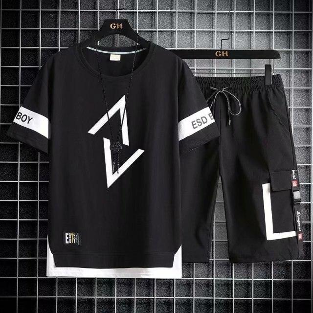 Men's Summer Sports Running Suit Short Sleeve + Shorts 2 Piece Set