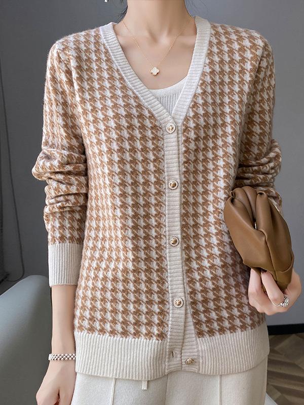 Women's V-Neck Houndstooth Color Block 100% Wool Cardigan Sweater