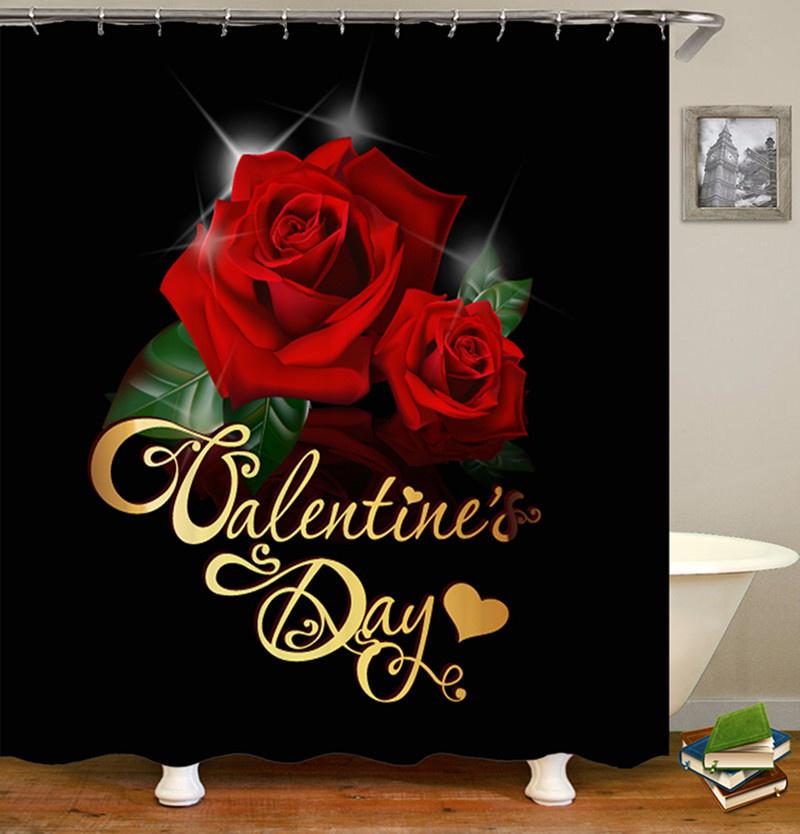 3D Rose Flower Shower Curtain Set Non-Slip Rugs Bath Mat Toilet Lid Cover and 12 Hooks Waterproof Polyester Bathroom Decor