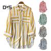 Women Fall Shirt Contrast Color Striped Print Long Sleeve Loose Lapel Single Breasted Patch Pocket Buttons Soft Commute Top