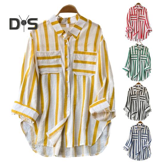 Women Fall Shirt Contrast Color Striped Print Long Sleeve Loose Lapel Single breasted Patch Pocket Buttons Soft Commute Top