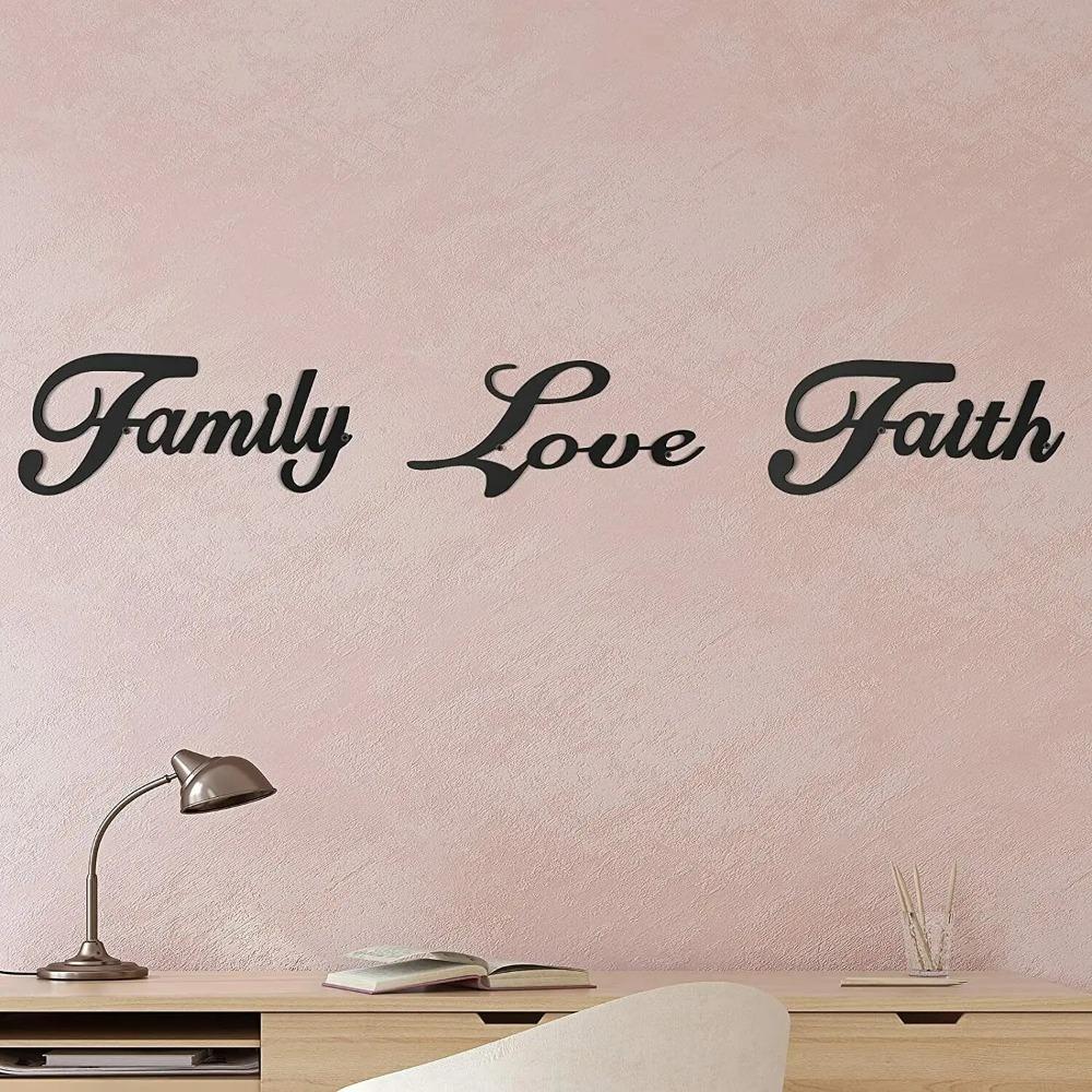 3 Pieces Metal Word Sign Set – Black Rustic 'Faith,' 'Family,' and 'Love' Wall Art, Elegant and Inspirational Metal Wall Decor