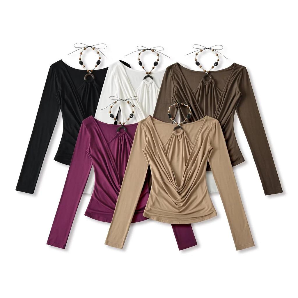 Chic Two-Piece Illusion Halter Neck Beaded Long Sleeve Ruched Top for Fall