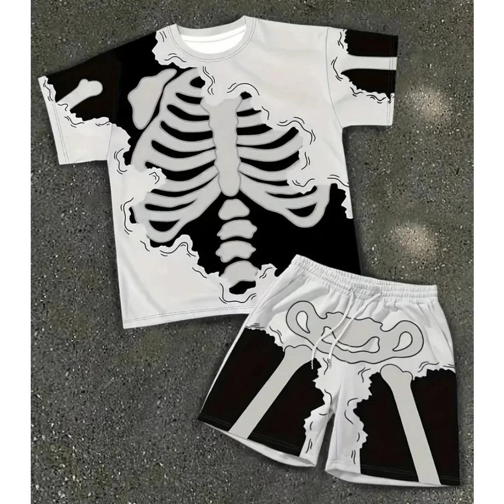 Cartoon Skull Letter Printed Men's T-shirt and Shorts 2 Piece Set Summer Casual Outfit for Men's and Women's Clothing