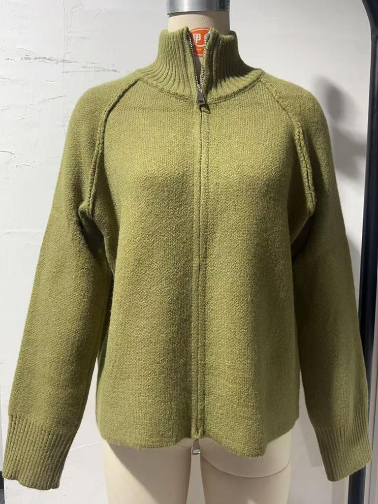 Solid Stand Collar Zip Knitted Cardigan Top Sweater Jacket