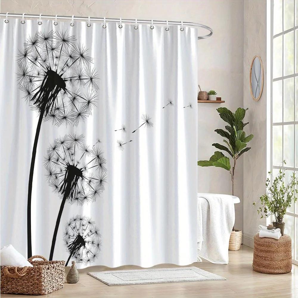 Dandelion Curtain - B&W Flight Seeds Design, Machine Washable, 12 Hooks, 70.8In, Fashion Bath