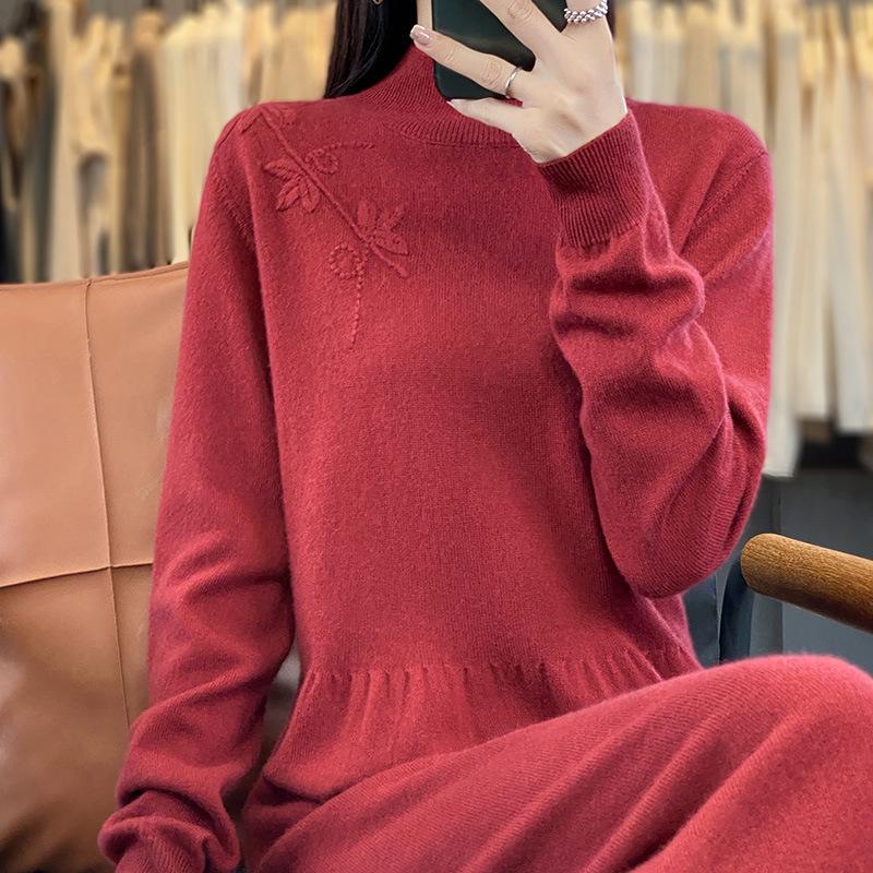 

100% чистая шерсть весна 2025 женское вышитое свободное платье-свитер выше колена с полувысоким воротником S