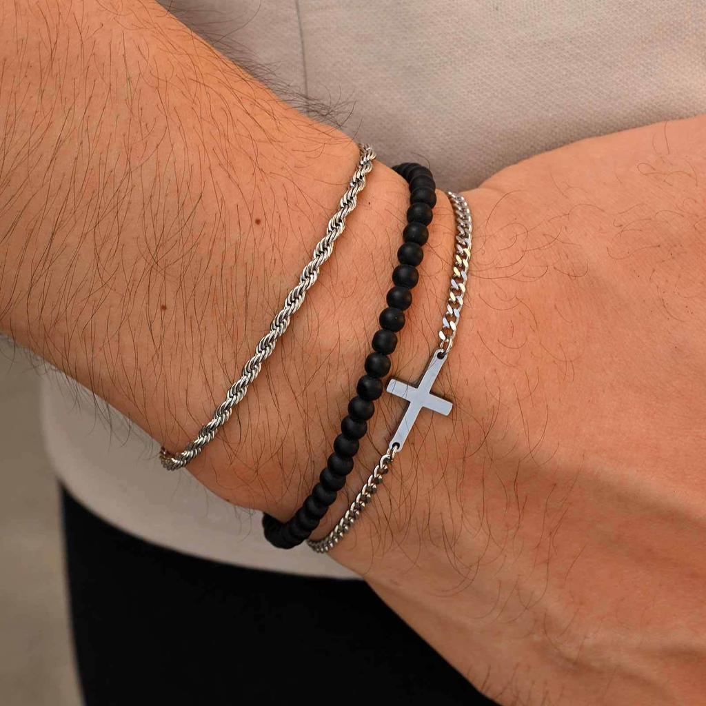 Stainless Steel Double-Layered Twisted Chain Cross Bracelet BR-1300