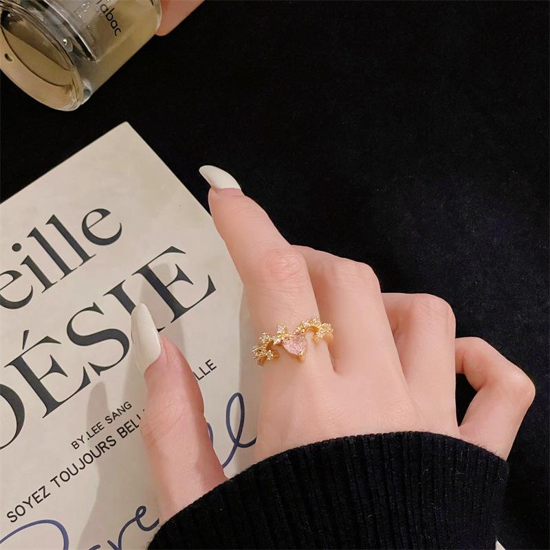 Caibao Series Light Luxury Elegant High Sense Exquisite Full Of Diamonds Zircon Flower Opening Ring Medieval Woven Index Finger Ring