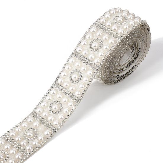 Faux Pearl Rhinestone Ribbon 1 Yard Self Adhesive Decorative Strip Elegant White Faux Pearl Accent Strip for Clothing Shoes Phone DIY Crafts