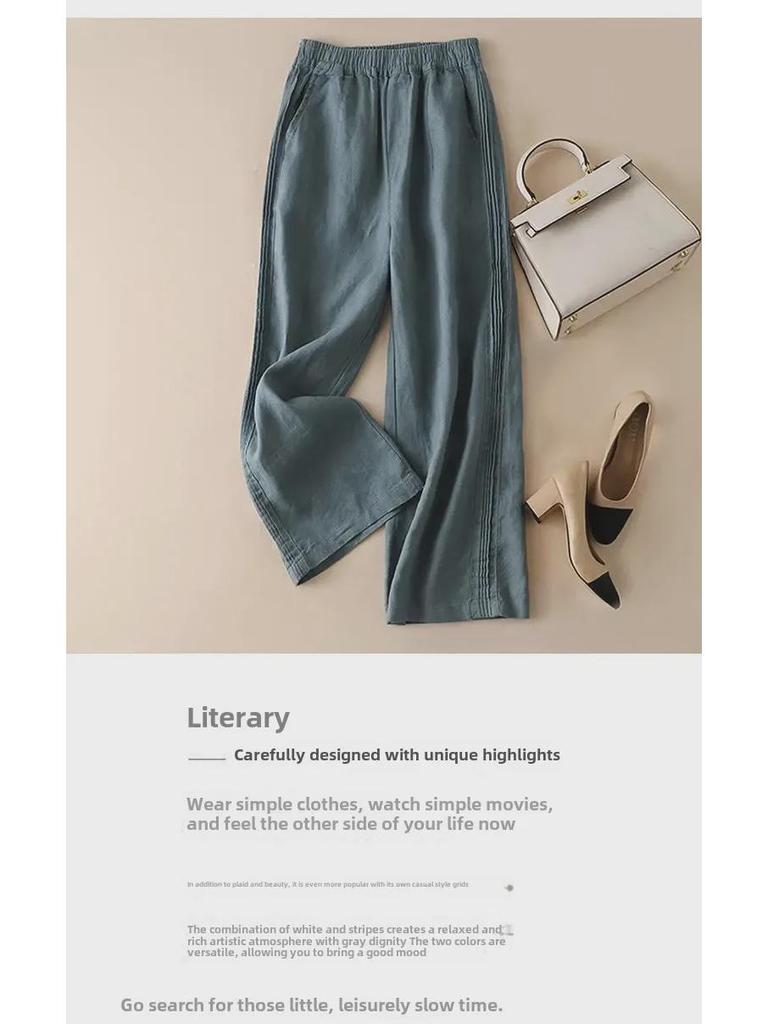 Damskie letnie spodnie z wysokim stanem z bawełny i lnu z szerokimi nogawkami i bocznymi zakładkami - casualowe spodnie z prostymi nogawkami w stylu koreańskim