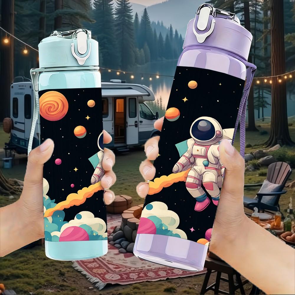 1PC Astronaut Space Shuttle Planet Pattern 750ml Color Plastic Sports Water Bottle Leakproof Flip Straw Lid Suitable for Sports Office Home Use