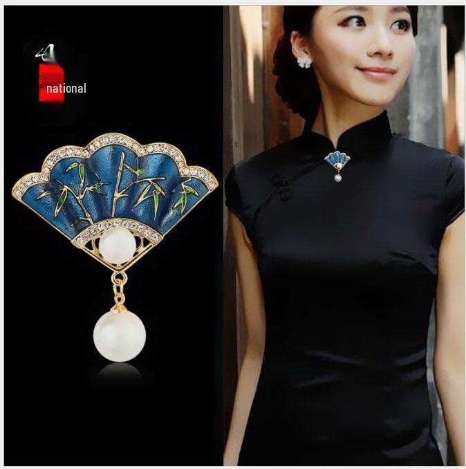 Elegant Jade Bamboo Pearl Fan Brooch - Chinese Style Cheongsam Accessory Jewelry Exquisite Jade Accessories