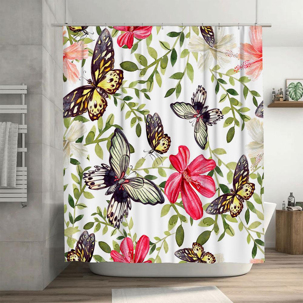 Beautiful Butterfly Flower Waterproof Shower Curtain with Green Leaves Pink Red White Flowers Decorative Home Bath Fabric Black