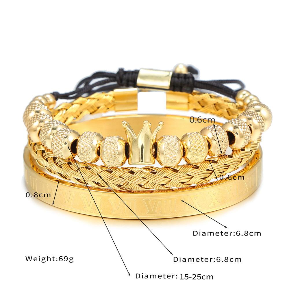 European and American retro crown woven bracelet, Roman letter stainless steel mesh open bracelet set three pieces men