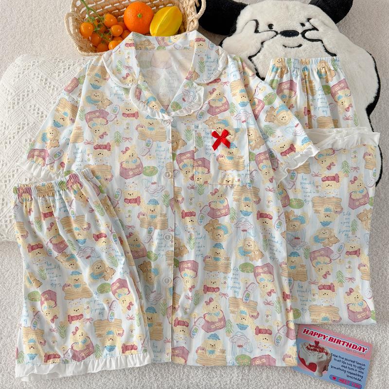 Cartoon puppy sweet casual imitation cotton edge pajamas women's summer short-sleeved three-piece set
