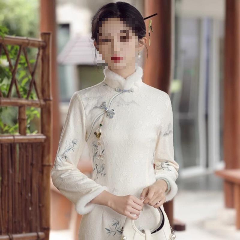 Women's Long Sleeve Fleece-Lined Qipao Dress - Winter/Autumn Style