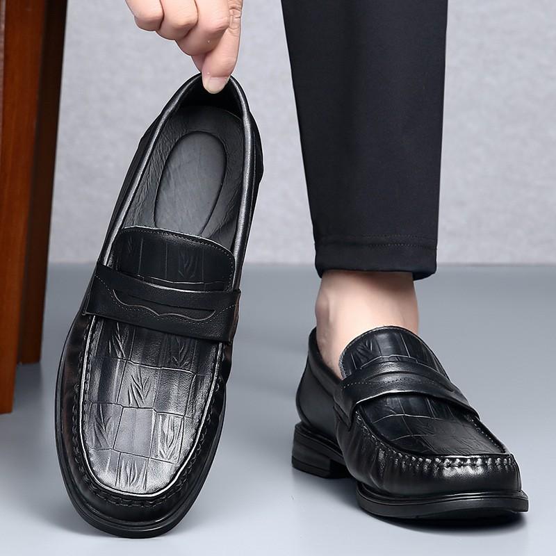 Mens Genuine Leather Loafer Slip-On Shoes Round Toe Comfortable Business Casual Dress Shoe