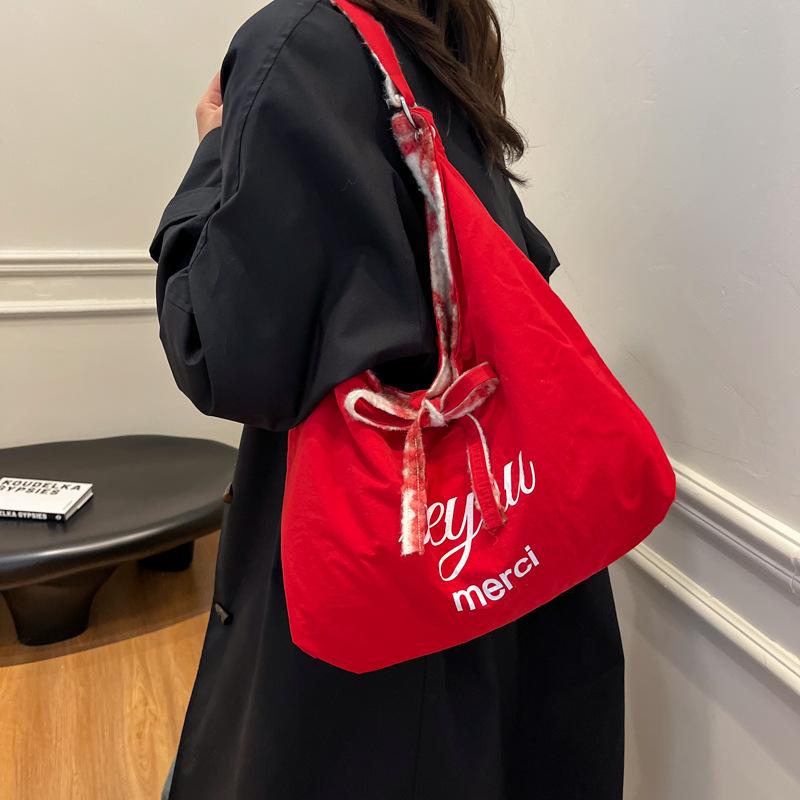 Korean New Autumn and Winter Plush Lazy Versatile Double-sided Shoulder Tote Bag Soft Waxy Japanese Student Bag Female