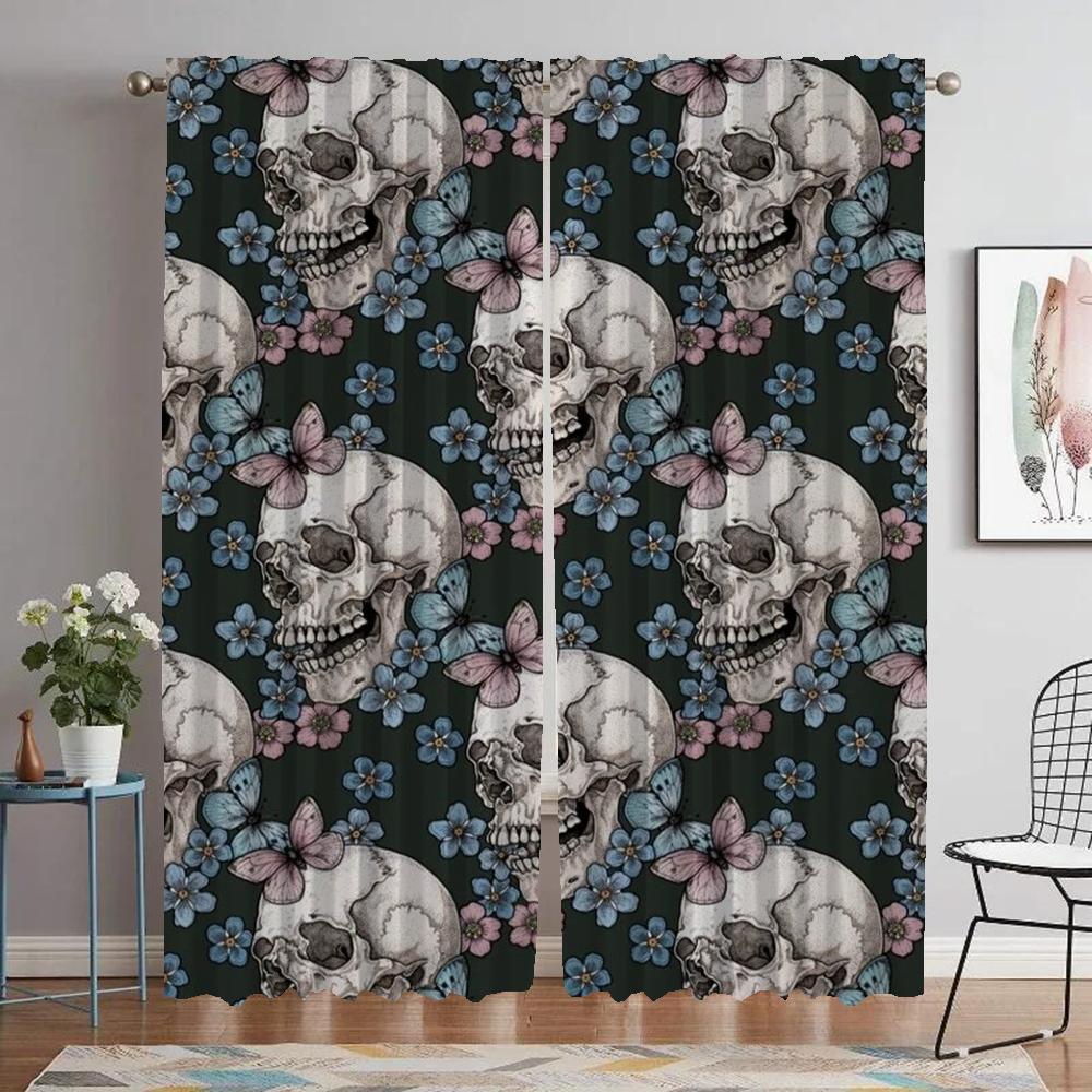 Mexico Flower Skull Blackout Curtains for Living Room Window Curtain for Room 2 Panel Partition Home Interior Curtains Shades