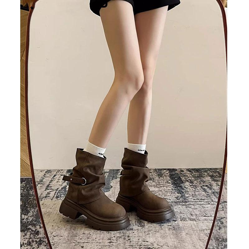 Leather Martin boots women's 2025 autumn new pants boots thick-soled explosive short boots Maillard stacked thin boots