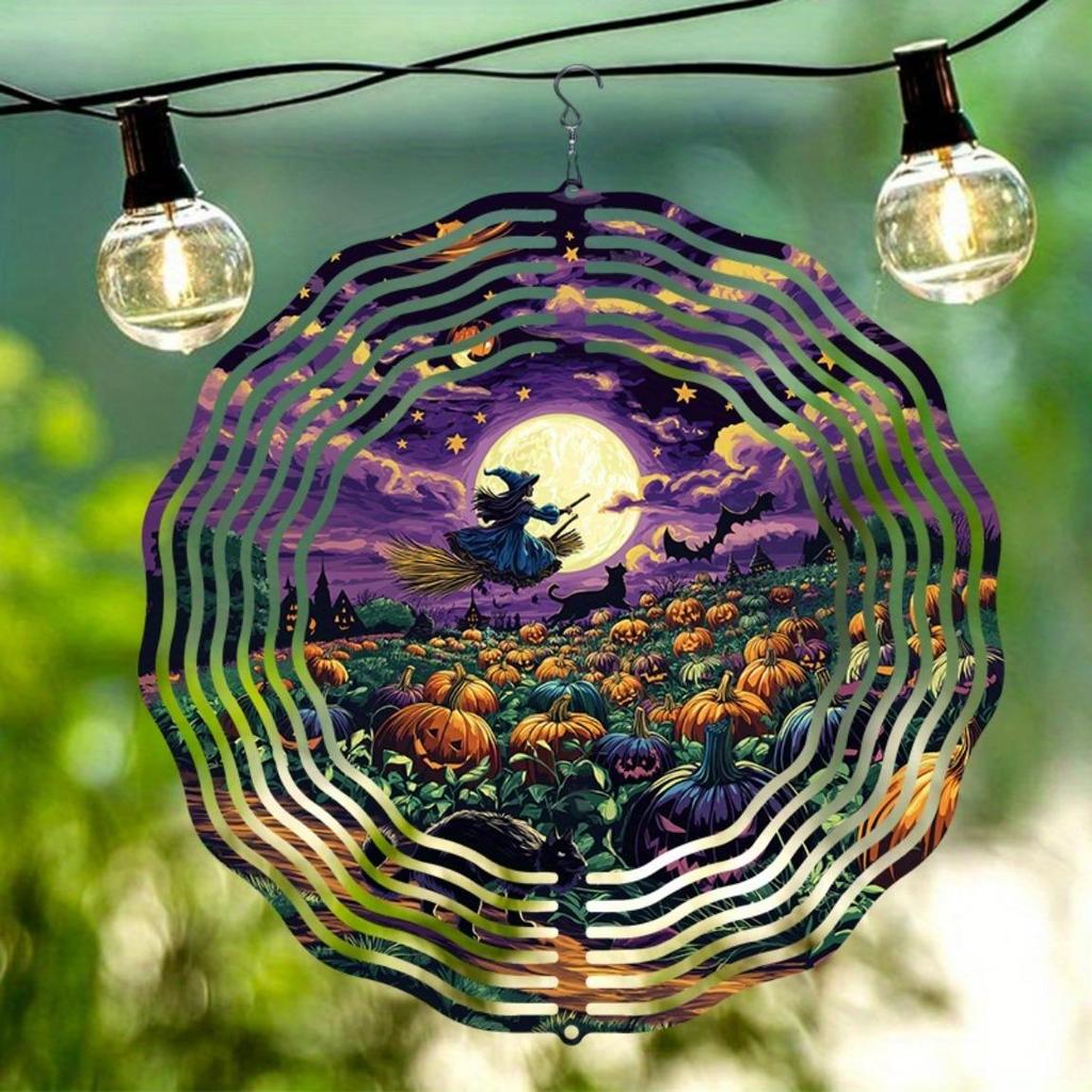 Halloween Metal Wind Chime with Witch Broomstick Pumpkins Moon Design Outdoor Garden Decor for Holiday Christmas Thanksgiving