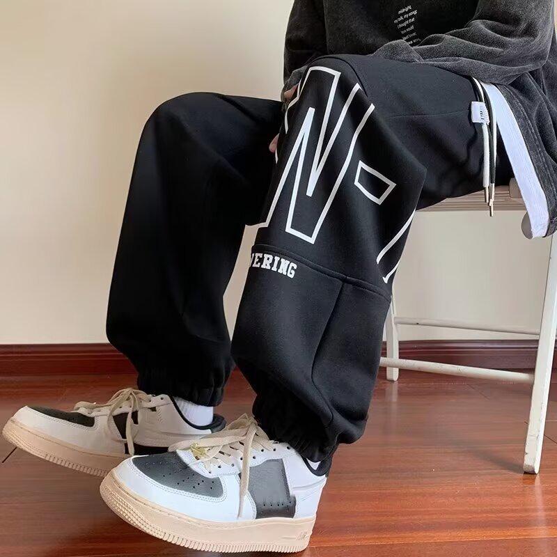 

Мужские серые спортивные брюки с манжетами 2024 года: Свободные повседневные брюки в стиле «американский ретро» 4XL чёрный