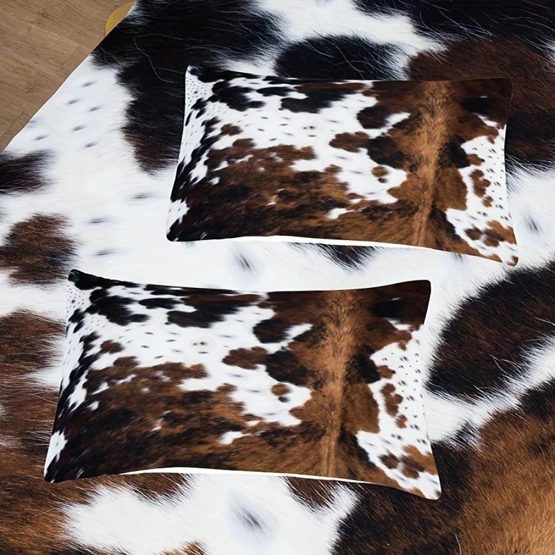 Brown And Black Cow Pattern Yak Leather Bedding Set With Washable Ultra-Fine Microfiber Duvet Cover, Soft And Comfortable