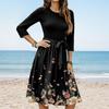 Women's Fashion Casual Waistband Seven Sleeve Round Neck Floral Flowy Dresses