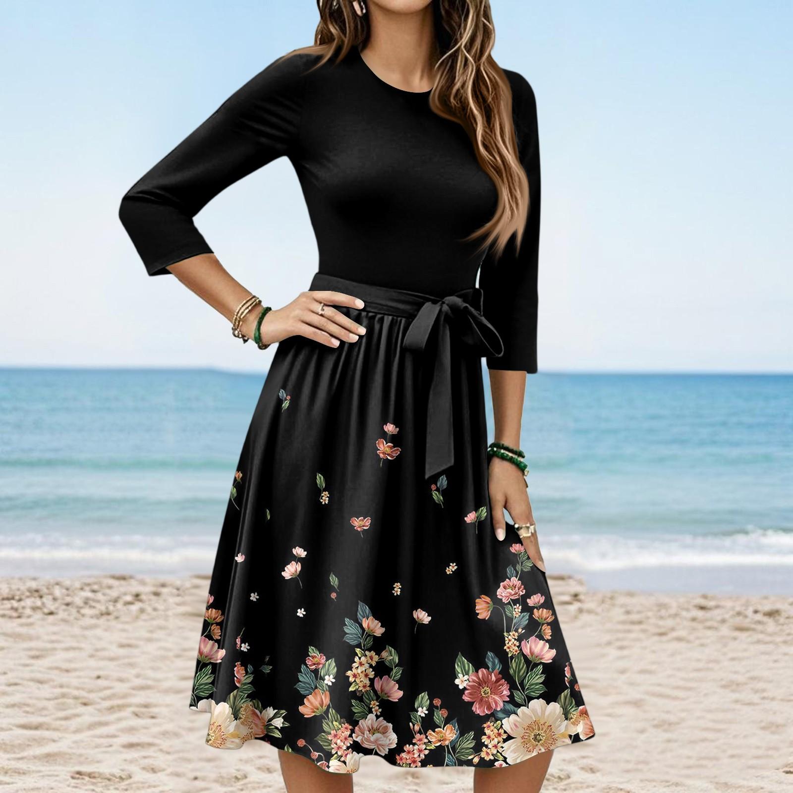 Women s Fashion Casual Waistband Seven Sleeve Round Neck Floral Flowy Dresses L