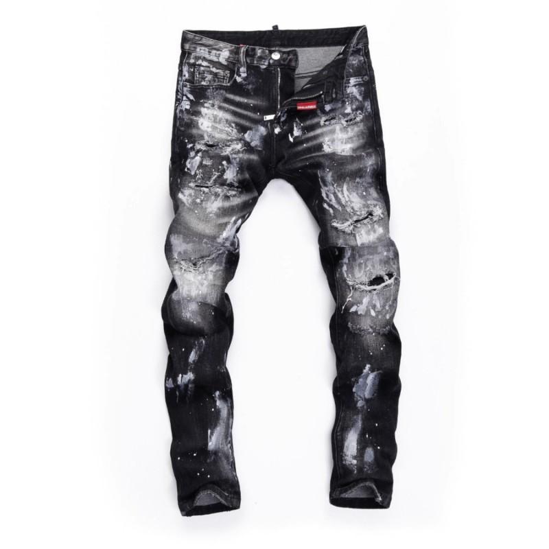 Mens Slim Fit Jeans Punk Style Distressed Printed Denim Pants Teens Casual Wear