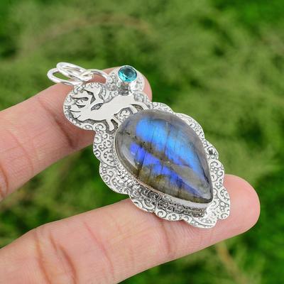 Natural Labradorite Swiss Blue Topaz 925 Sterling Silver Sister Pendant Jewelry