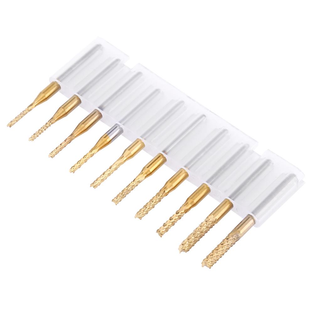 10pcs Titanium Coat Tungsten Carbide 1.5mm 3.175mm End Mill Engraving Bits CNC Rotary Burrs Set