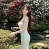 Mint Green Flower Suspender Dress Women's Summer Vacation Wind Waist Fishtail Skirt Pure Desire Slim Hip Wrap Dress